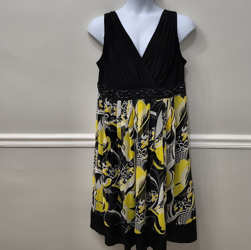 Candlelight & Champagne Beaded Waist Yellow Black Floral Dress Size 18W Career